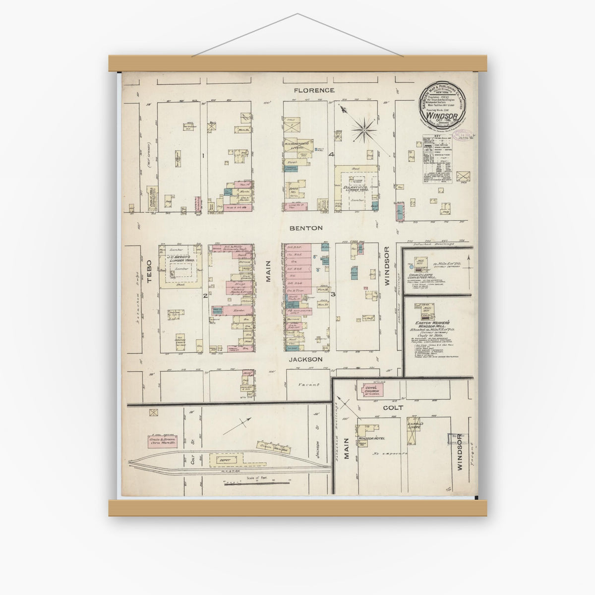 Old map wall art mockup — magnetic wood frame on white wall — Sanborn Fire Insurance Map from Windsor, Henry County, Missouri (1885), Sheet #0001