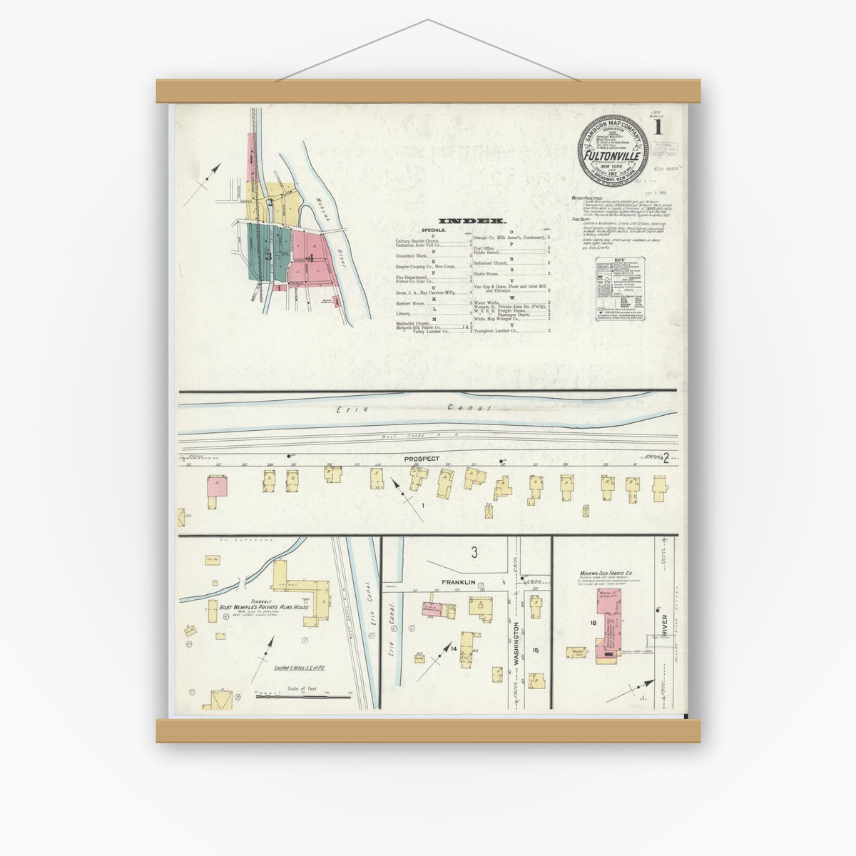 Old map wall art mockup — magnetic wood frame on white wall — Sanborn Fire Insurance Map from Fultonville, Montgomery County, New York (1912), Sheet #0001