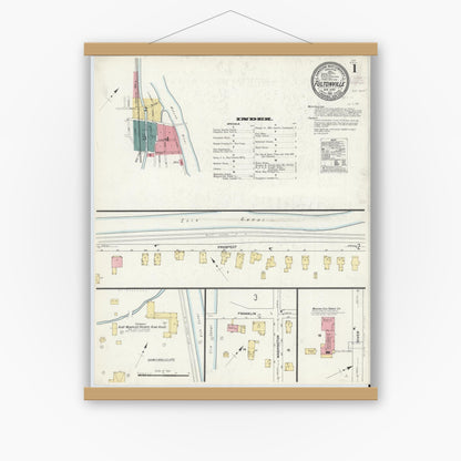 Old map wall art mockup — magnetic wood frame on white wall — Sanborn Fire Insurance Map from Fultonville, Montgomery County, New York (1912), Sheet #0001