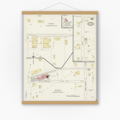 Old map wall art mockup — magnetic wood frame on white wall — Sanborn Fire Insurance Map from De Land, Volusia County, Florida (1915), Sheet #0012