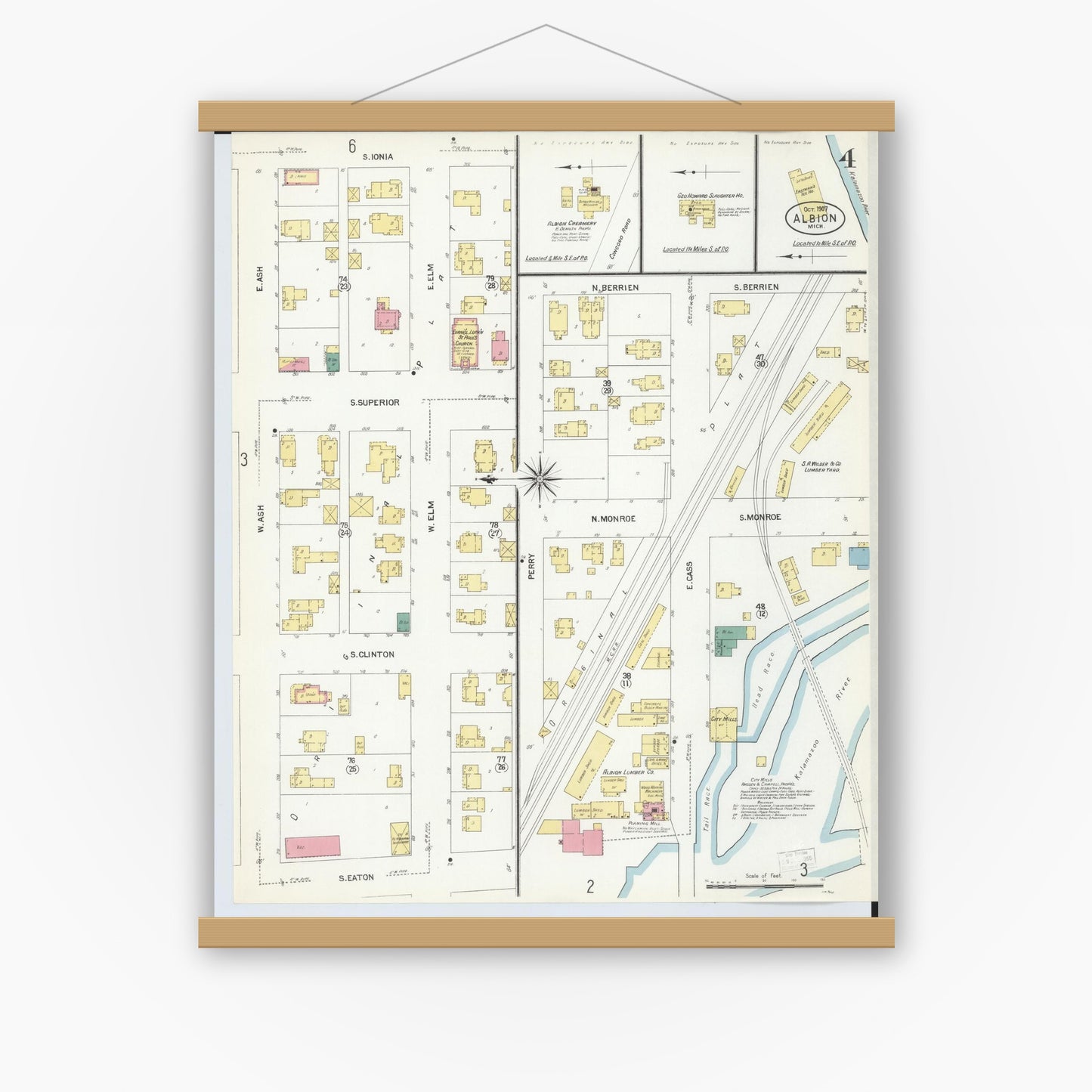 Old map wall art mockup — magnetic wood frame on white wall — Sanborn Fire Insurance Map from Albion, Calhoun County, Michigan (1907), Sheet #0004