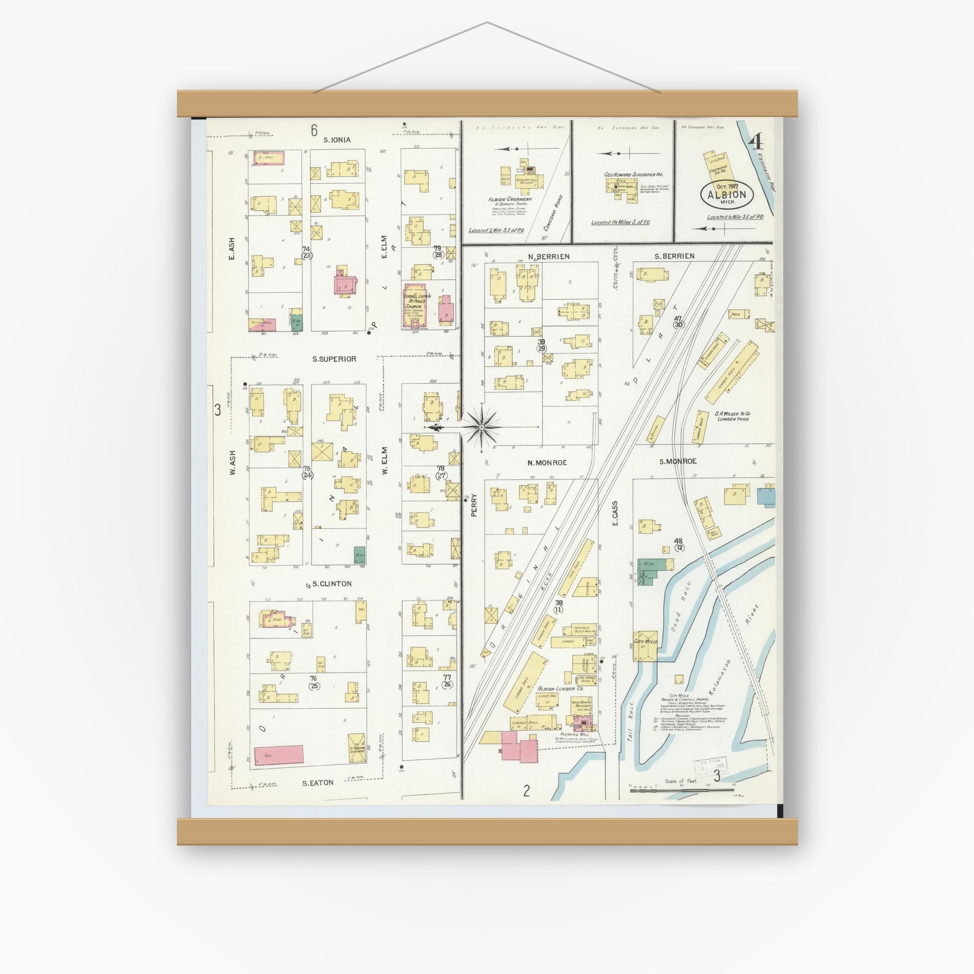 Old map wall art mockup — magnetic wood frame on white wall — Sanborn Fire Insurance Map from Albion, Calhoun County, Michigan (1907), Sheet #0004