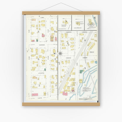 Old map wall art mockup — magnetic wood frame on white wall — Sanborn Fire Insurance Map from Albion, Calhoun County, Michigan (1907), Sheet #0004