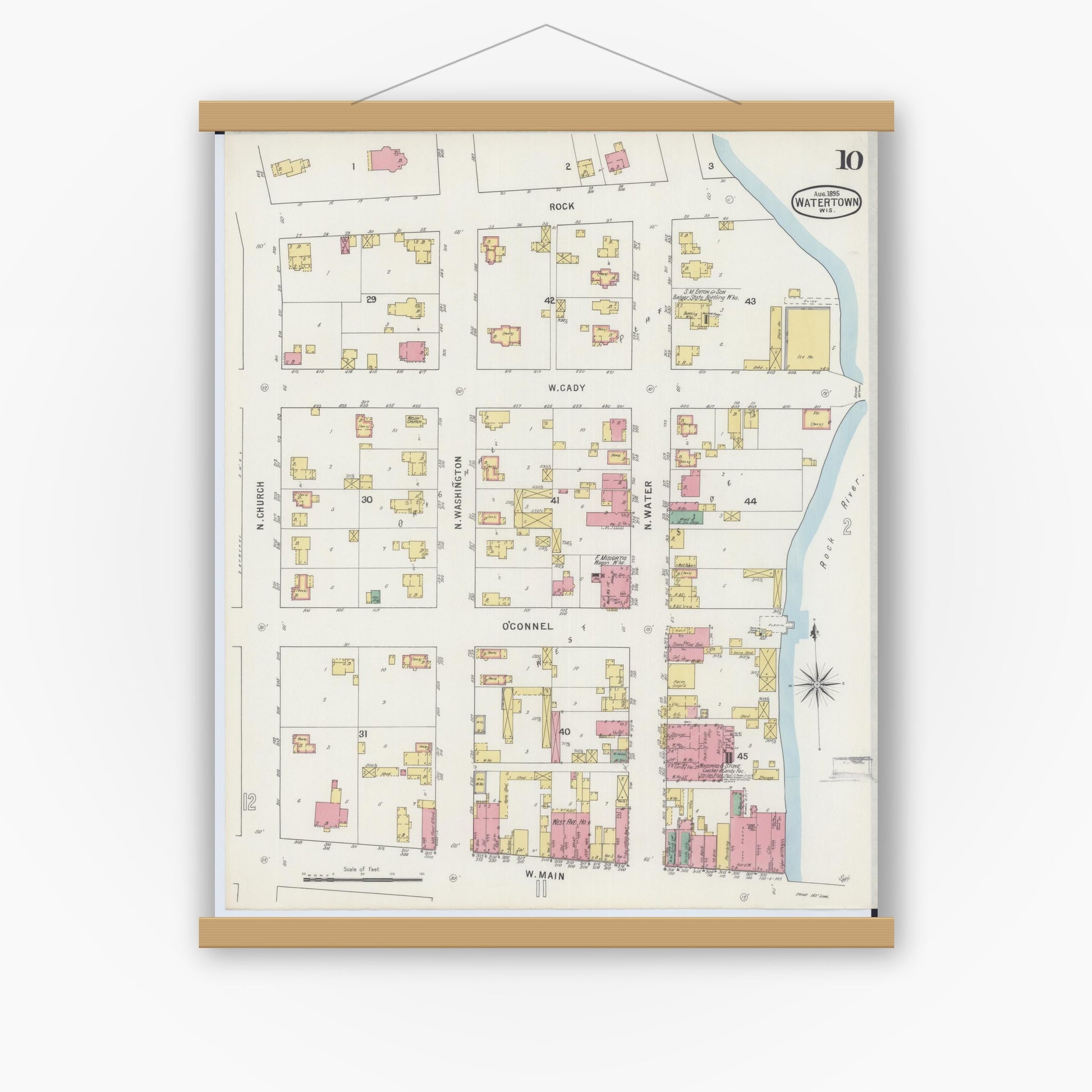Old map wall art mockup — magnetic wood frame on white wall — Sanborn Fire Insurance Map from Watertown, Jefferson County, Wisconsin (1895), Sheet #0010