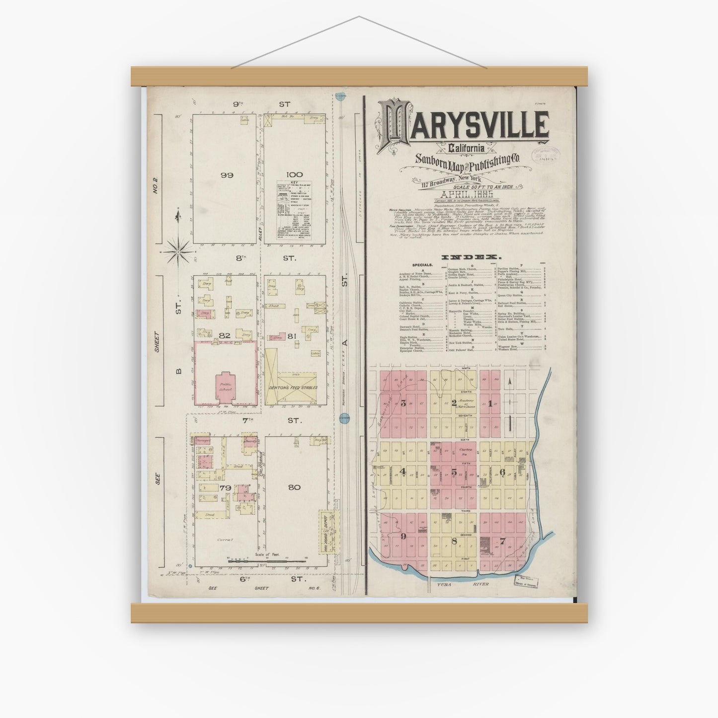 Old map wall art mockup — magnetic wood frame on white wall — Sanborn Fire Insurance Map from Marysville, Yuba County, California (1885), Sheet #0001