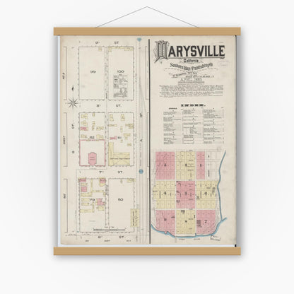 Old map wall art mockup — magnetic wood frame on white wall — Sanborn Fire Insurance Map from Marysville, Yuba County, California (1885), Sheet #0001