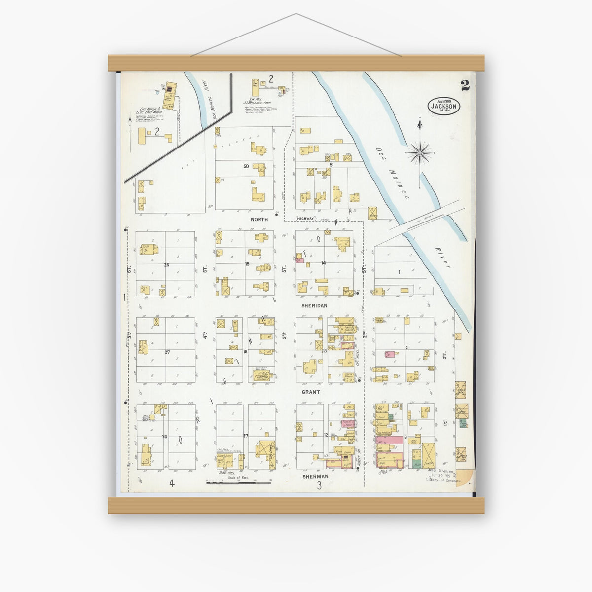 Old map wall art mockup — magnetic wood frame on white wall — Sanborn Fire Insurance Map from Jackson, Jackson County, Minnesota (1900), Sheet #0002
