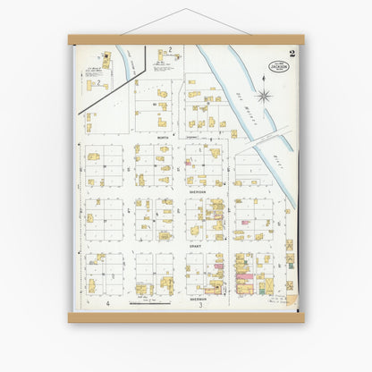 Old map wall art mockup — magnetic wood frame on white wall — Sanborn Fire Insurance Map from Jackson, Jackson County, Minnesota (1900), Sheet #0002