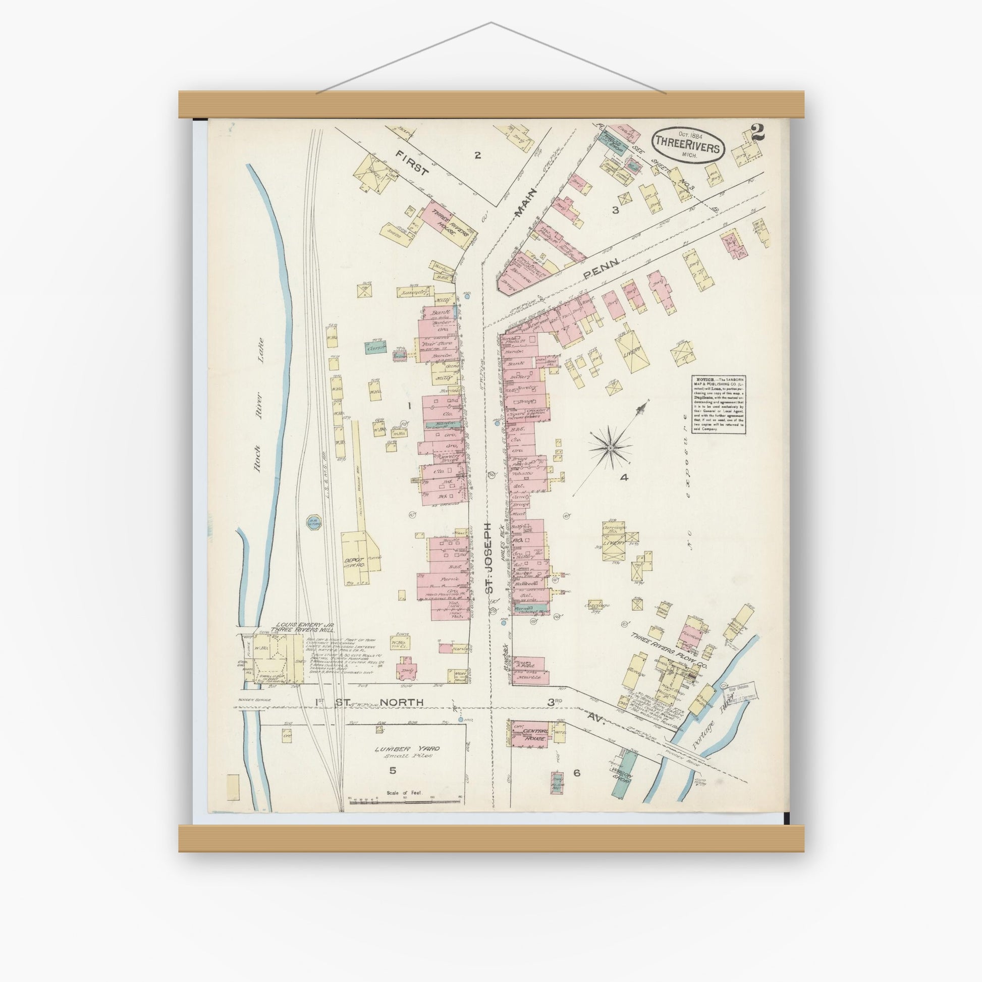 Old map wall art mockup — magnetic wood frame on white wall — Sanborn Fire Insurance Map from Three Rivers, Saint Joseph County, Michigan (1884), Sheet #0002