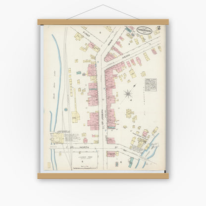 Old map wall art mockup — magnetic wood frame on white wall — Sanborn Fire Insurance Map from Three Rivers, Saint Joseph County, Michigan (1884), Sheet #0002