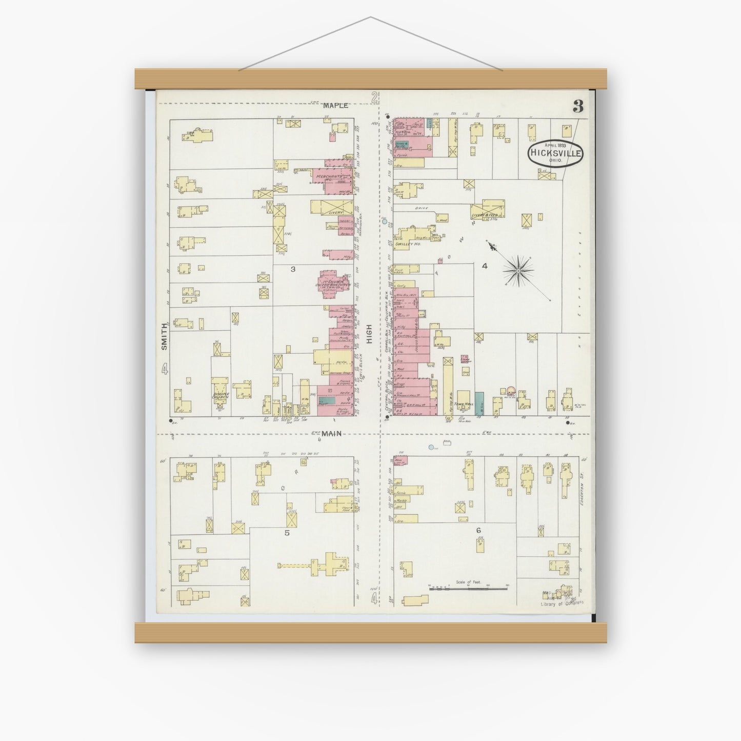 Old map wall art mockup — magnetic wood frame on white wall — Sanborn Fire Insurance Map from Hicksville, Defiance County, Ohio (1893), Sheet #0003