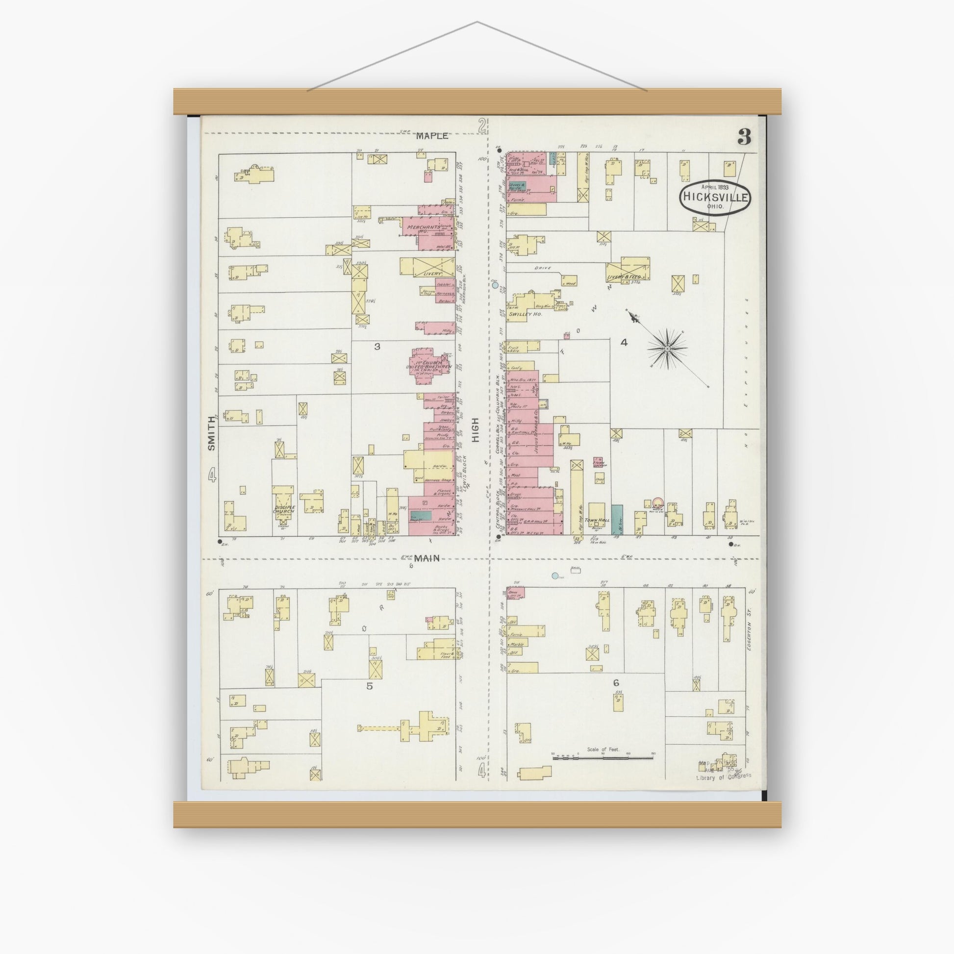 Old map wall art mockup — magnetic wood frame on white wall — Sanborn Fire Insurance Map from Hicksville, Defiance County, Ohio (1893), Sheet #0003