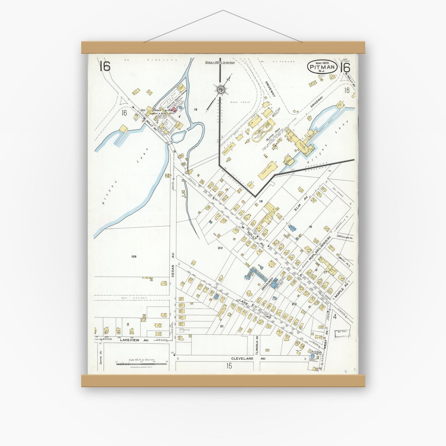 Old map wall art mockup — magnetic wood frame on white wall — Sanborn Fire Insurance Map from Pitman, Gloucester County, New Jersey (1923), Sheet #0016