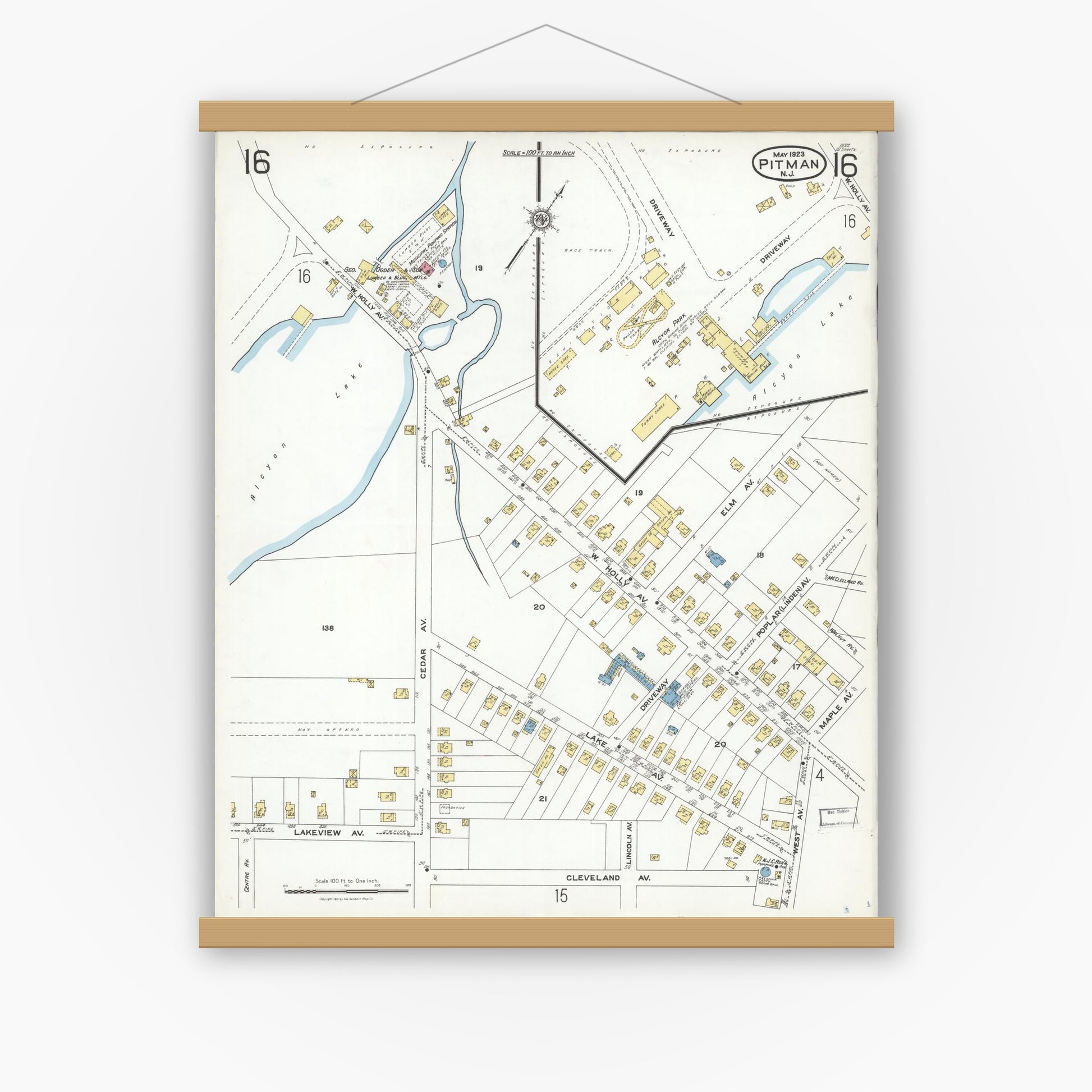 Old map wall art mockup — magnetic wood frame on white wall — Sanborn Fire Insurance Map from Pitman, Gloucester County, New Jersey (1923), Sheet #0016