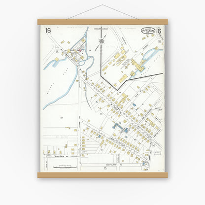 Old map wall art mockup — magnetic wood frame on white wall — Sanborn Fire Insurance Map from Pitman, Gloucester County, New Jersey (1923), Sheet #0016