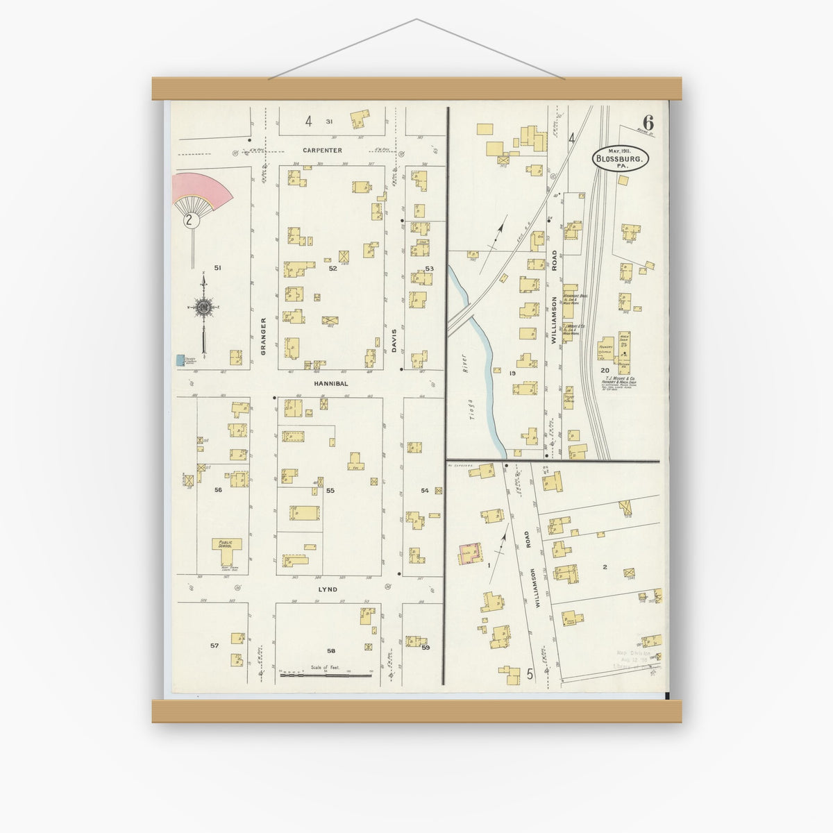 Old map wall art mockup — magnetic wood frame on white wall — Sanborn Fire Insurance Map from Blossburg, Tioga County, Pennsylvania (1911), Sheet #0006