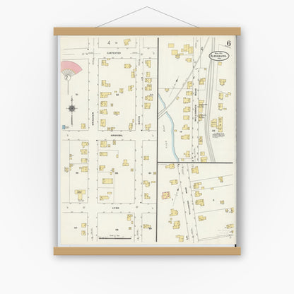 Old map wall art mockup — magnetic wood frame on white wall — Sanborn Fire Insurance Map from Blossburg, Tioga County, Pennsylvania (1911), Sheet #0006