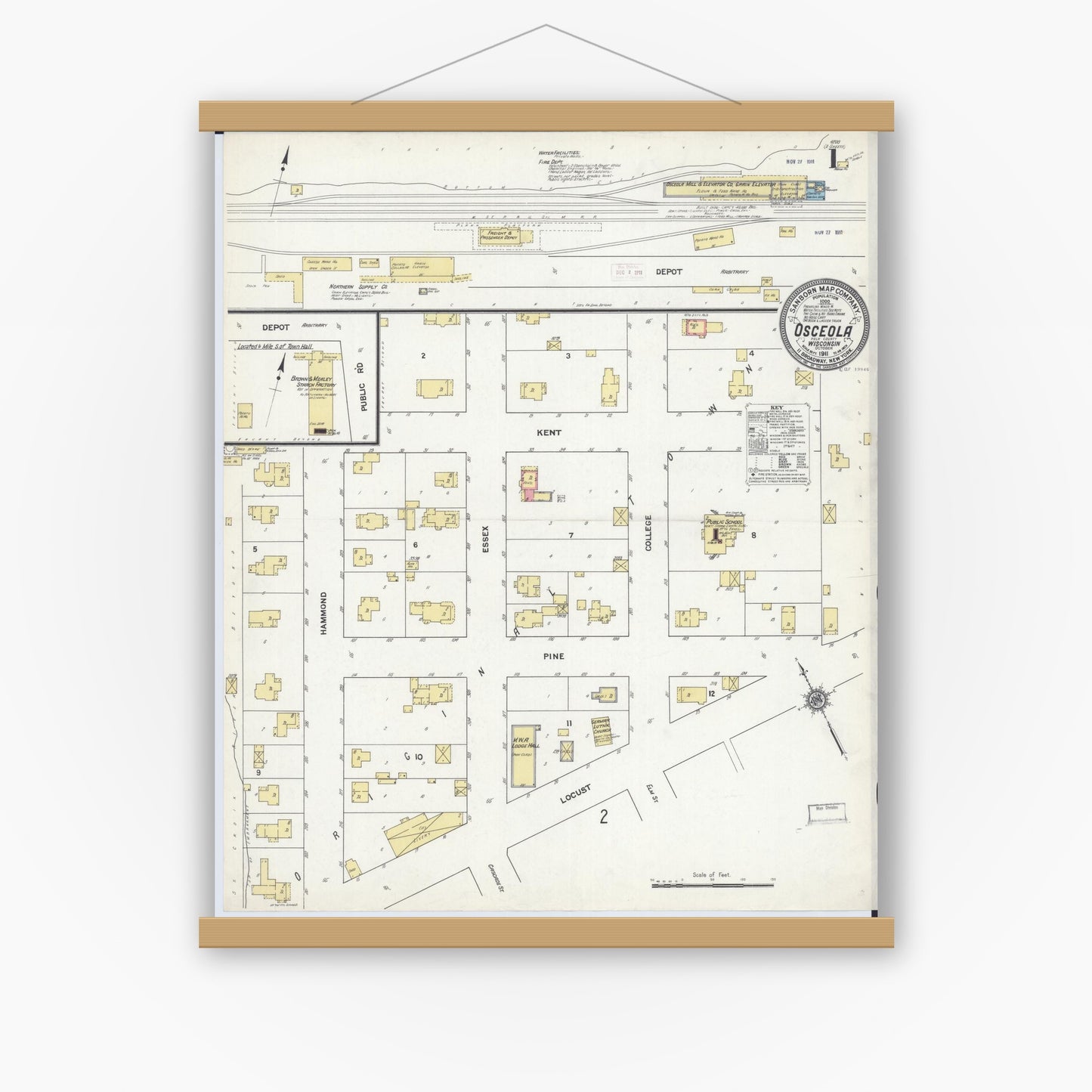 Old map wall art mockup — magnetic wood frame on white wall — Sanborn Fire Insurance Map from Osceola, Polk County, Wisconsin (1911), Sheet #0001