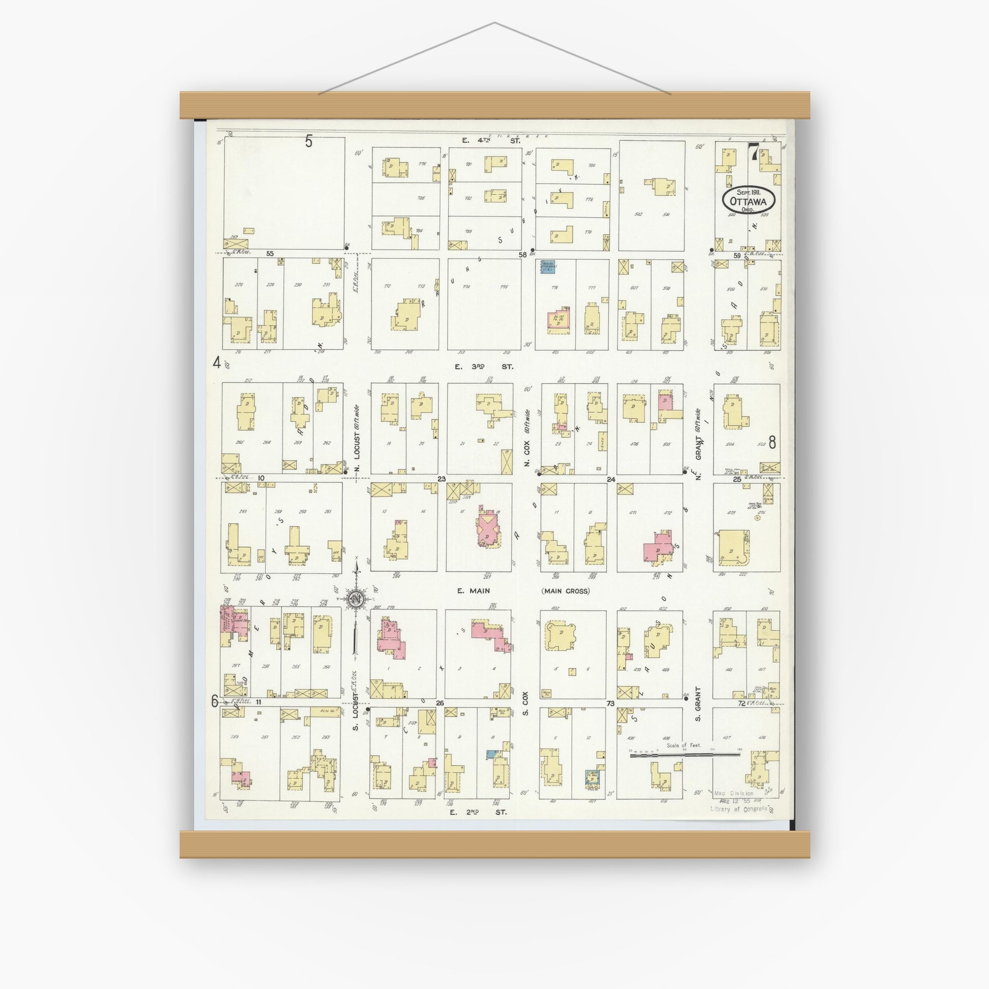 Old map wall art mockup — magnetic wood frame on white wall — Sanborn Fire Insurance Map from Ottawa, Putnam County, Ohio (1911), Sheet #0007