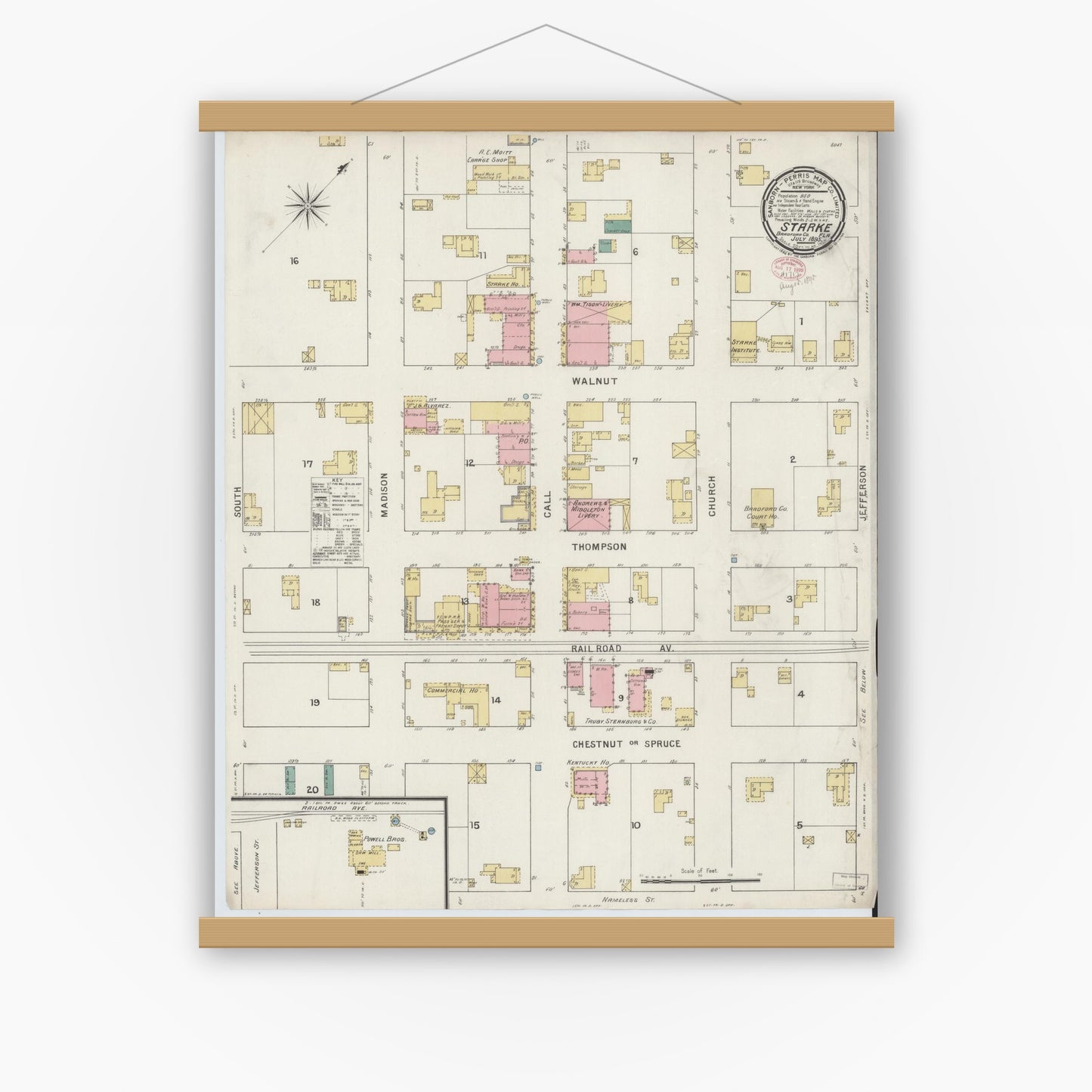 Old map wall art mockup — magnetic wood frame on white wall — Sanborn Fire Insurance Map from Starke, Bradford County, Florida (1895), Sheet #0001