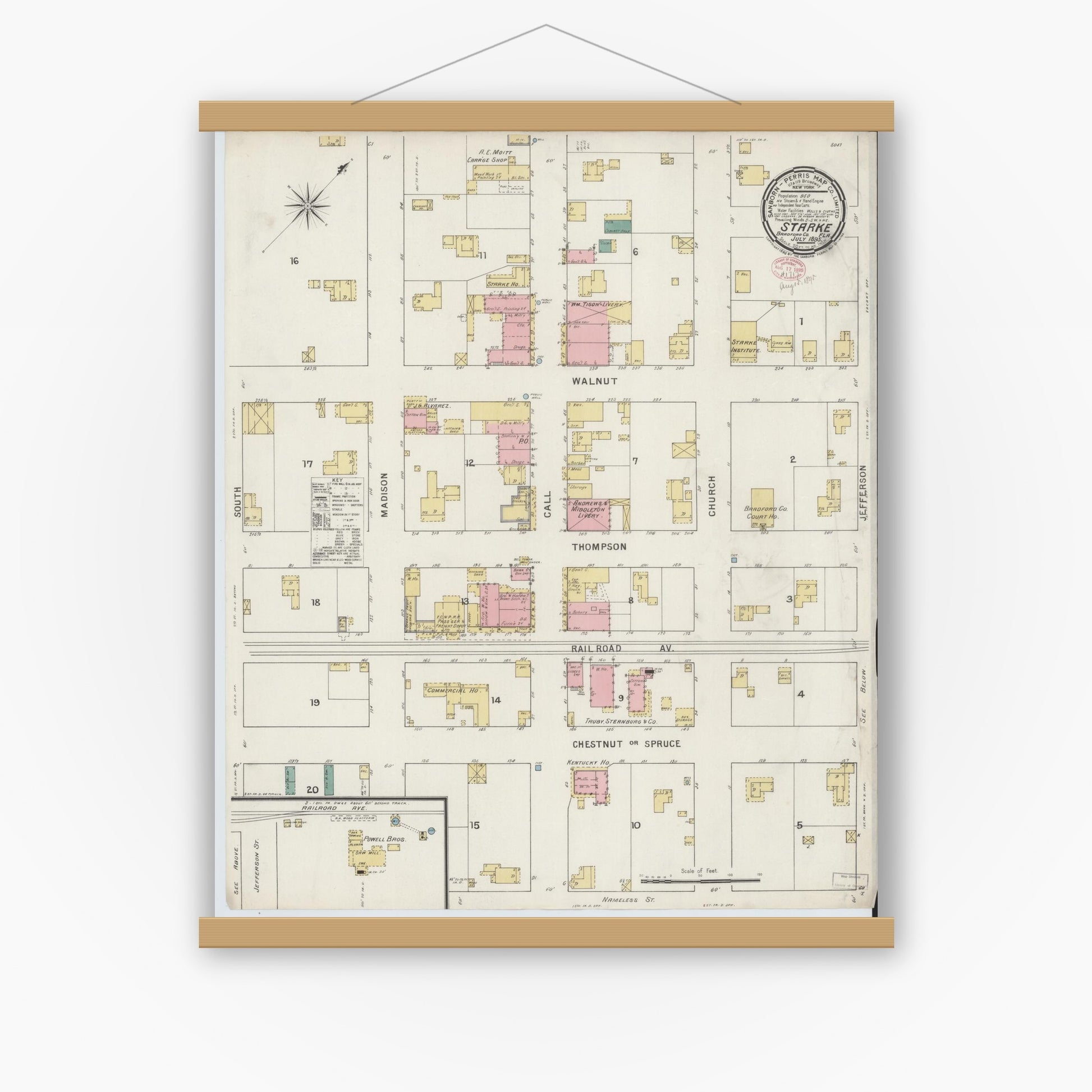 Old map wall art mockup — magnetic wood frame on white wall — Sanborn Fire Insurance Map from Starke, Bradford County, Florida (1895), Sheet #0001