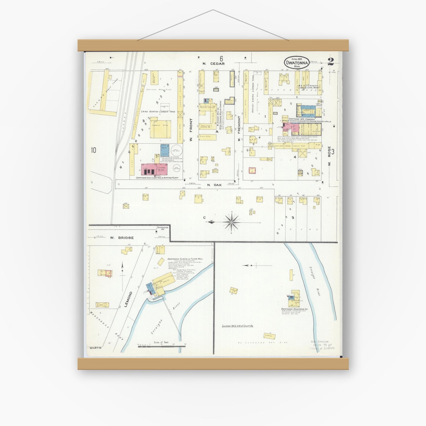 Old map wall art mockup — magnetic wood frame on white wall — Sanborn Fire Insurance Map from Owatonna, Steele County, Minnesota (1909), Sheet #0002