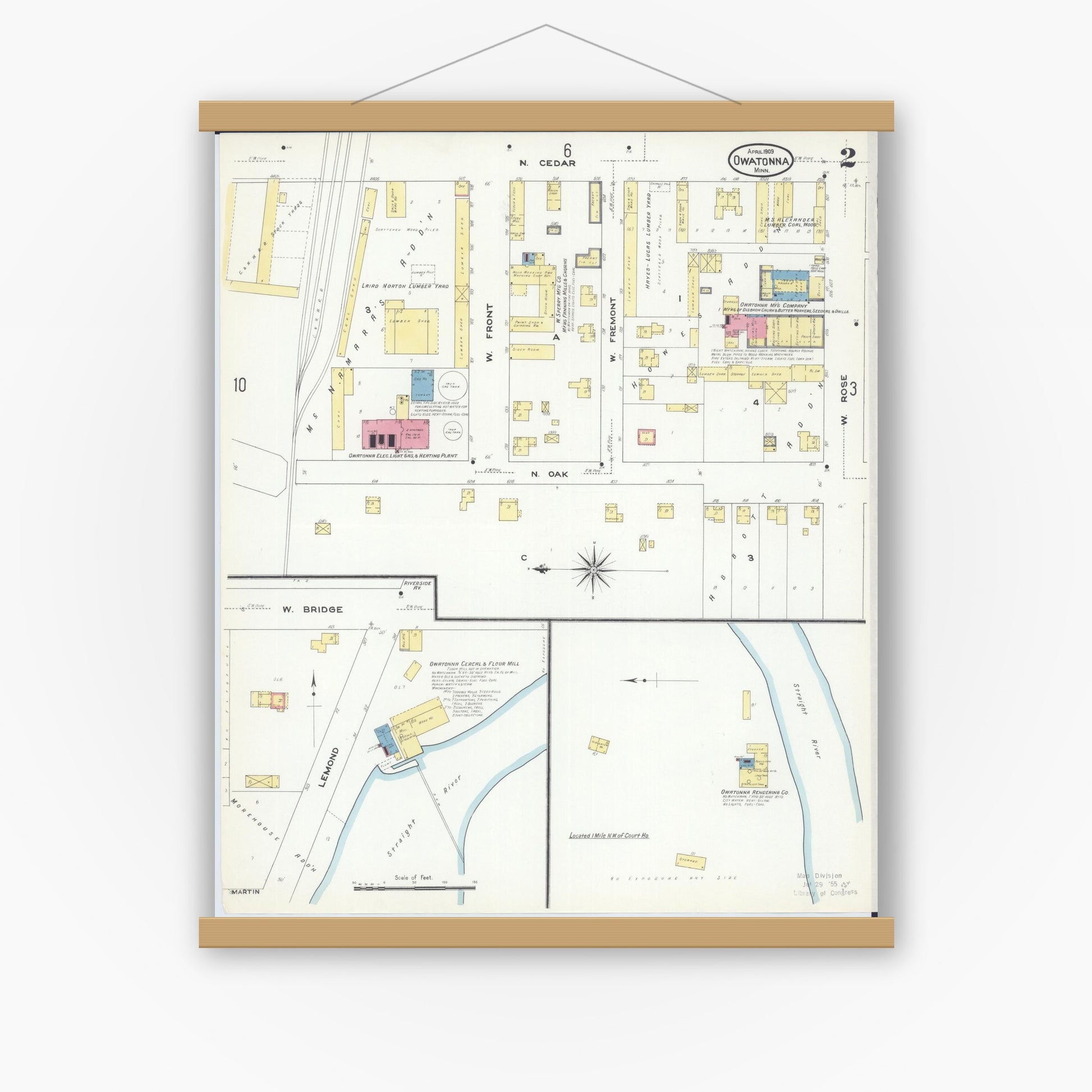 Old map wall art mockup — magnetic wood frame on white wall — Sanborn Fire Insurance Map from Owatonna, Steele County, Minnesota (1909), Sheet #0002