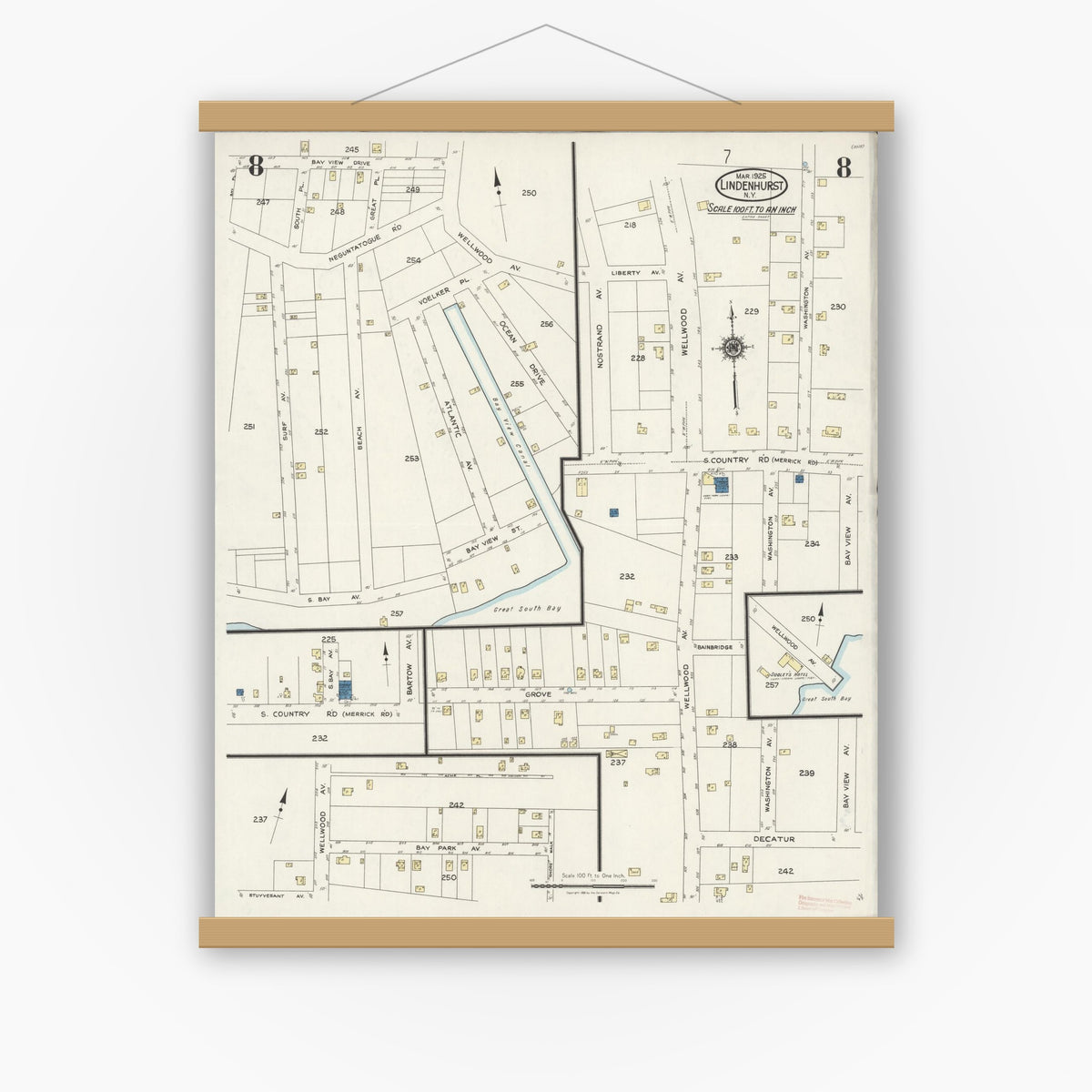 Old map wall art mockup — magnetic wood frame on white wall — Sanborn Fire Insurance Map from Lindenhurst, Suffolk County, New York (1925), Sheet #0008