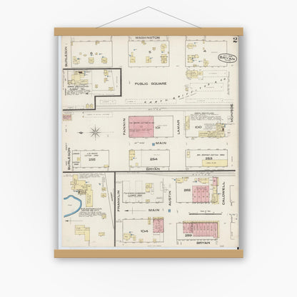 Old map wall art mockup — magnetic wood frame on white wall — Sanborn Fire Insurance Map from Bryan, Brazos County, Texas (1885), Sheet #0002