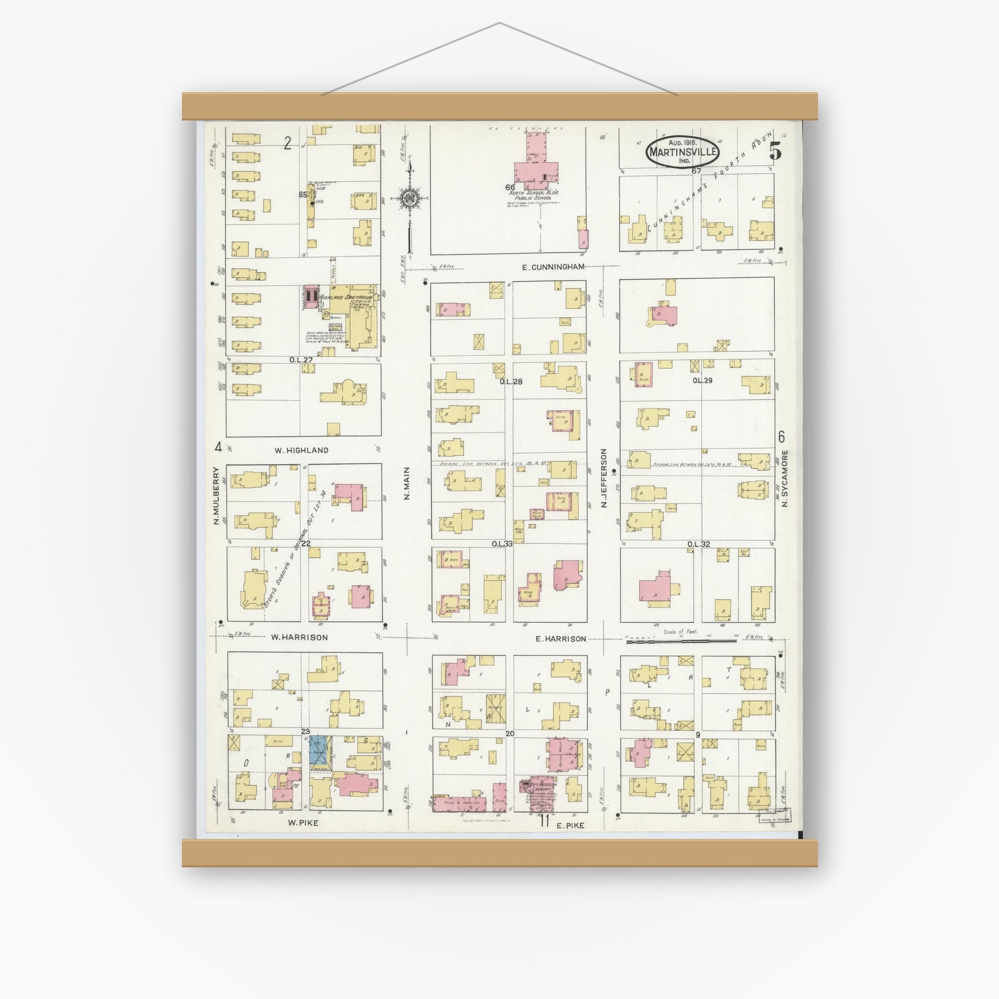 Old map wall art mockup — magnetic wood frame on white wall — Sanborn Fire Insurance Map from Martinsville, Morgan County, Indiana (1916), Sheet #0005