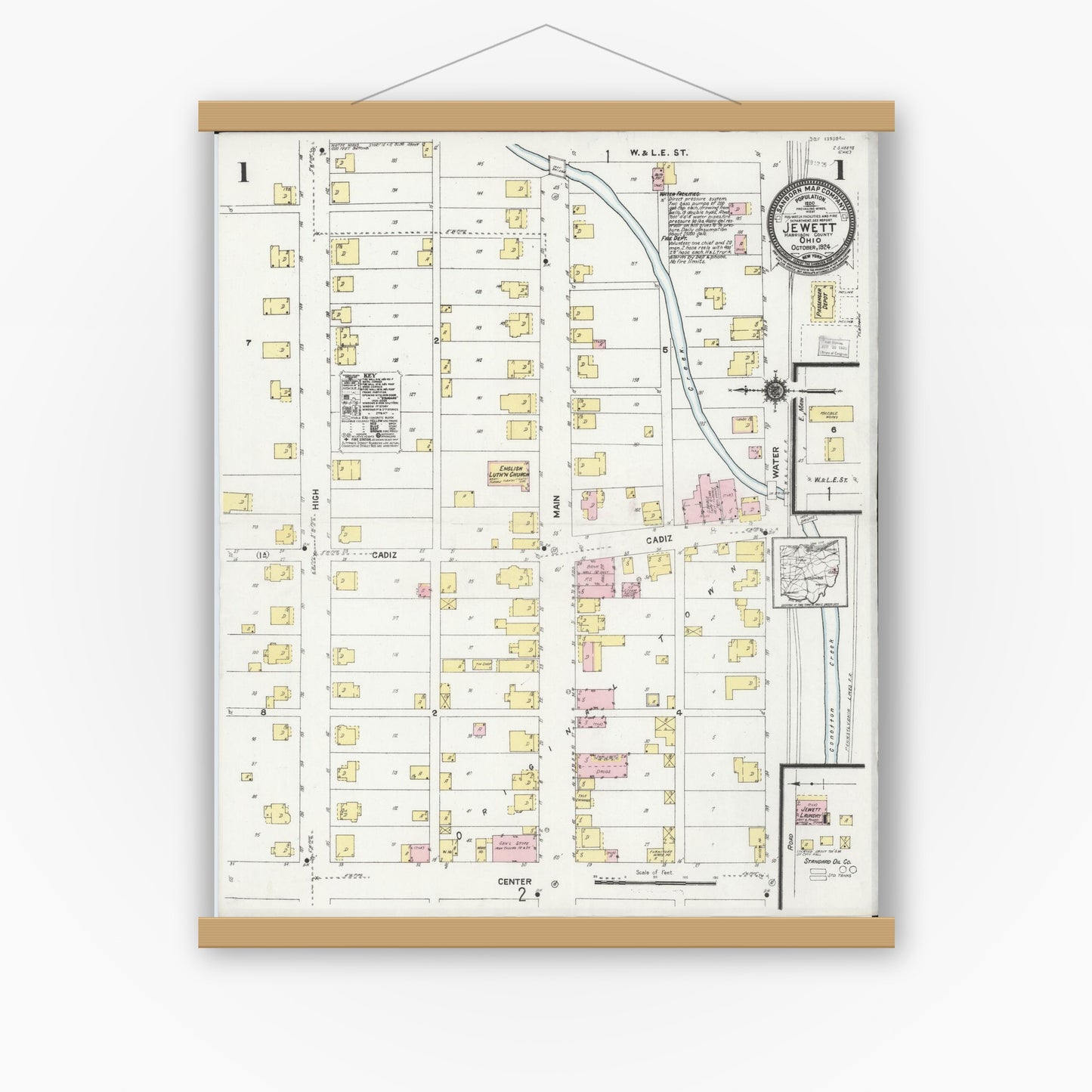 Old map wall art mockup — magnetic wood frame on white wall — Sanborn Fire Insurance Map from Jewett, Harrison County, Ohio (1924) - Complete Map Set