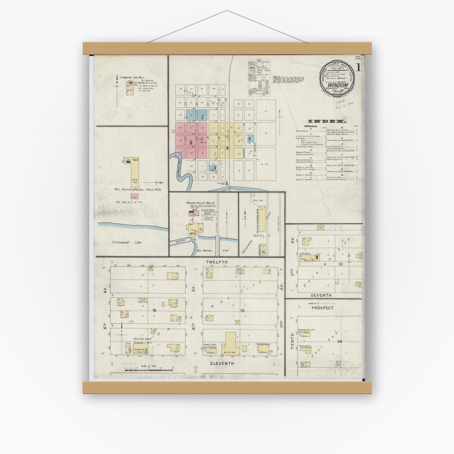 Old map wall art mockup — magnetic wood frame on white wall — Sanborn Fire Insurance Map from Windom, Cottonwood County, Minnesota (1894) - Complete Map Set