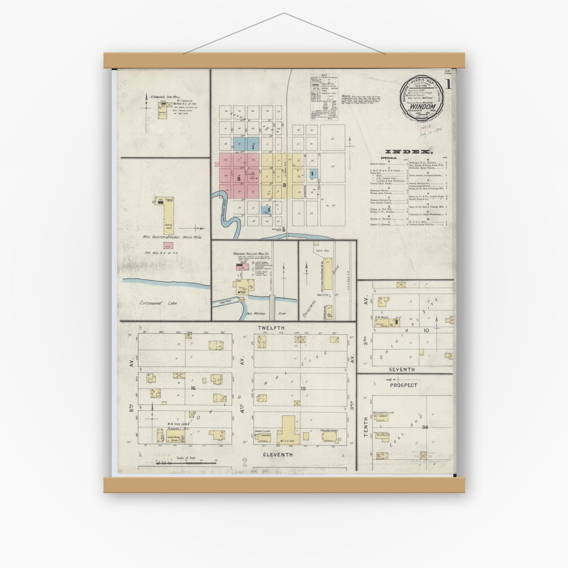 Old map wall art mockup — magnetic wood frame on white wall — Sanborn Fire Insurance Map from Windom, Cottonwood County, Minnesota (1894) - Complete Map Set