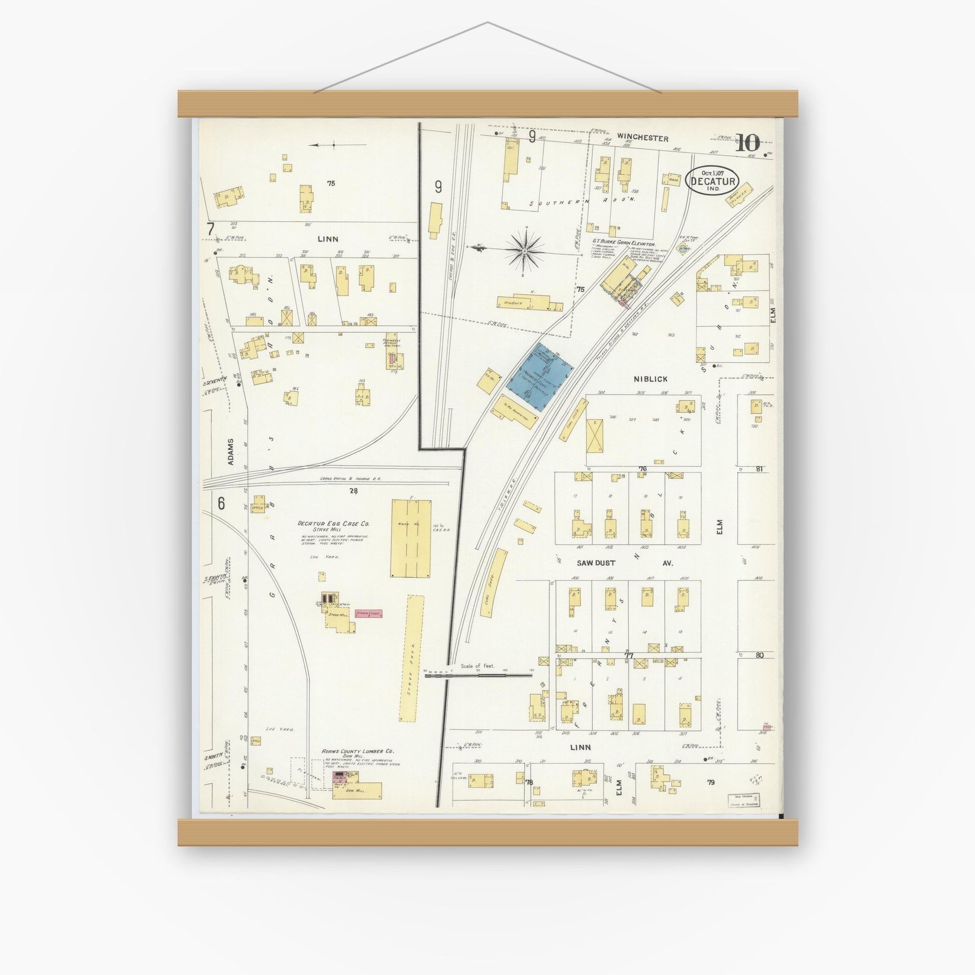 Old map wall art mockup — magnetic wood frame on white wall — Sanborn Fire Insurance Map from Decatur, Adams County, Indiana (1907), Sheet #0010