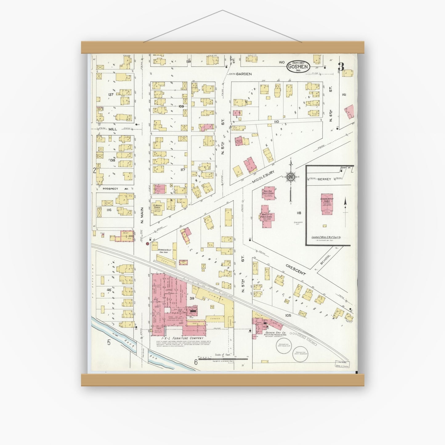 Old map wall art mockup — magnetic wood frame on white wall — Sanborn Fire Insurance Map from Goshen, Elkhart County, Indiana (1917), Sheet #0003
