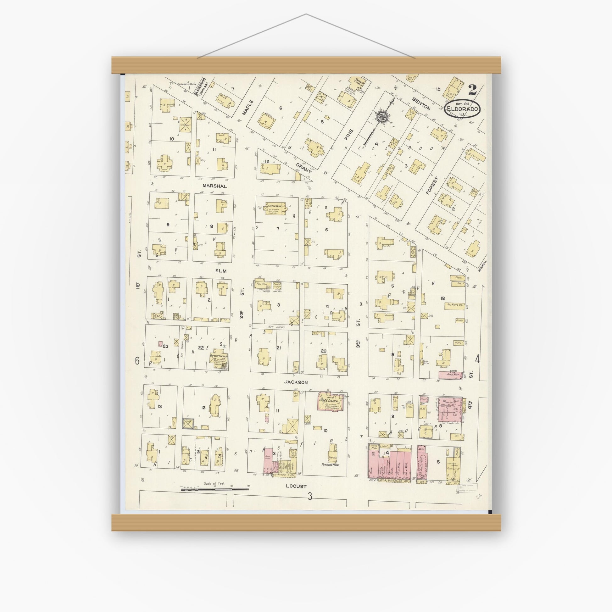 Old map wall art mockup — magnetic wood frame on white wall — Sanborn Fire Insurance Map from Eldorado, Saline County, Illinois (1911), Sheet #0002