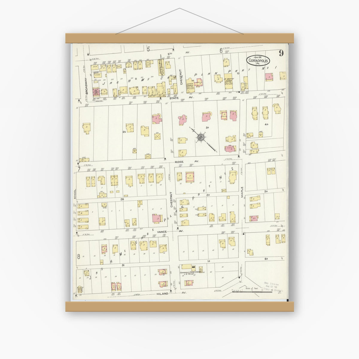 Old map wall art mockup — magnetic wood frame on white wall — Sanborn Fire Insurance Map from Coraopolis, Allegheny County, Pennsylvania (1911), Sheet #0009