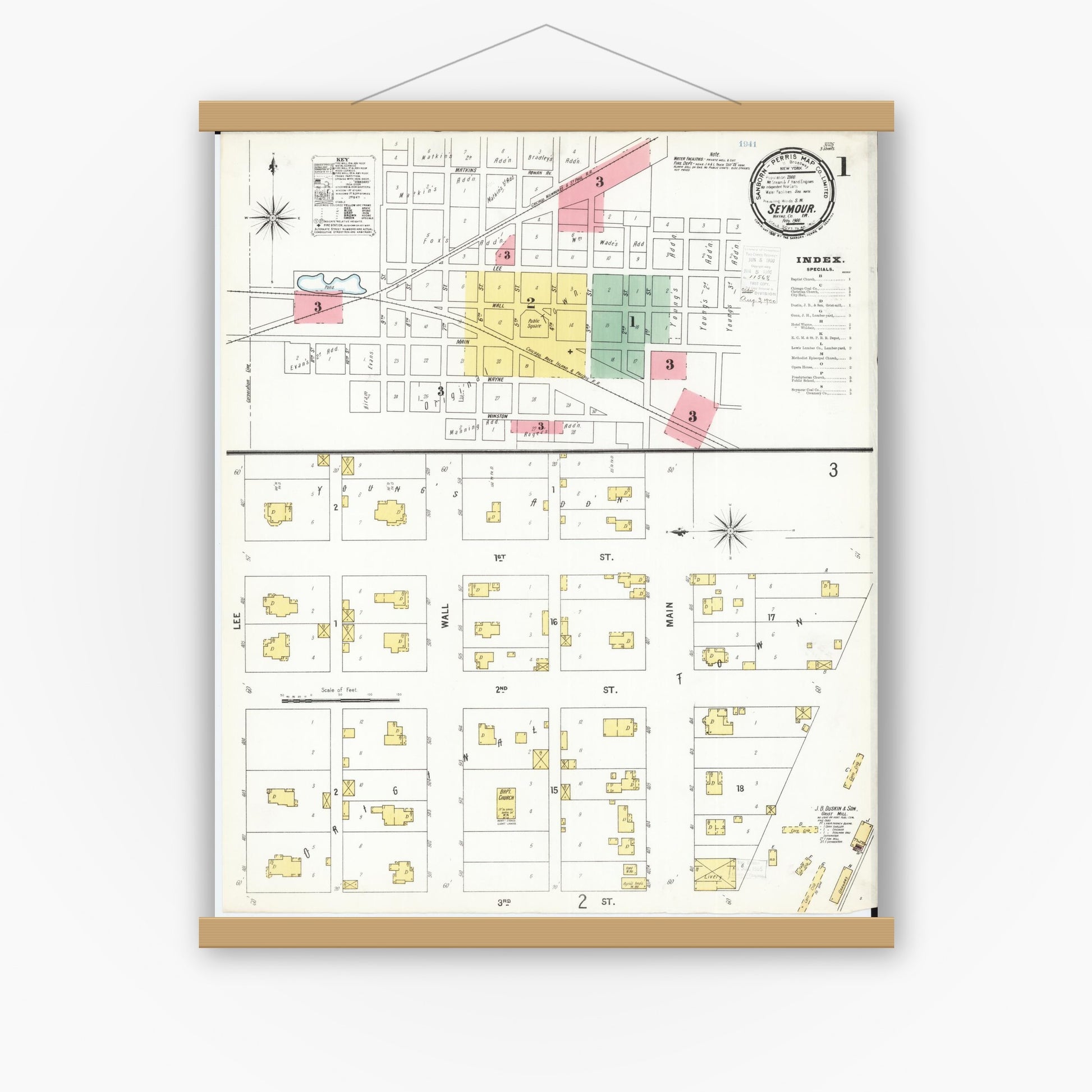 Old map wall art mockup — magnetic wood frame on white wall — Sanborn Fire Insurance Map from Seymour, Wayne County, Iowa (1900), Sheet #0001