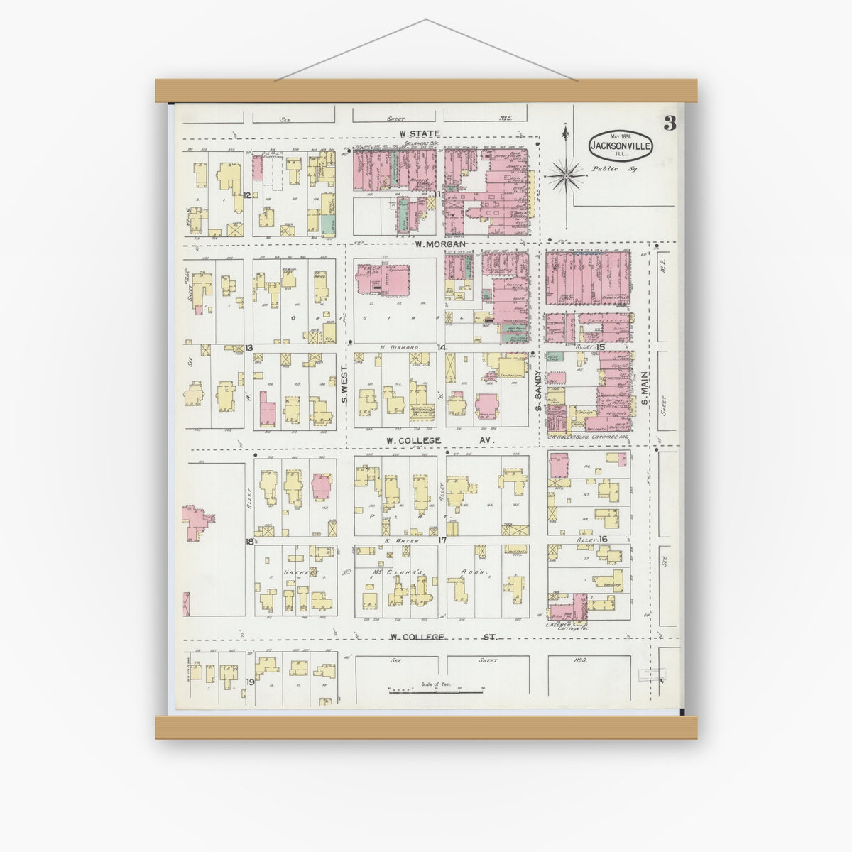 Old map wall art mockup — magnetic wood frame on white wall — Sanborn Fire Insurance Map from Jacksonville, Morgan County, Illinois (1892), Sheet #0003