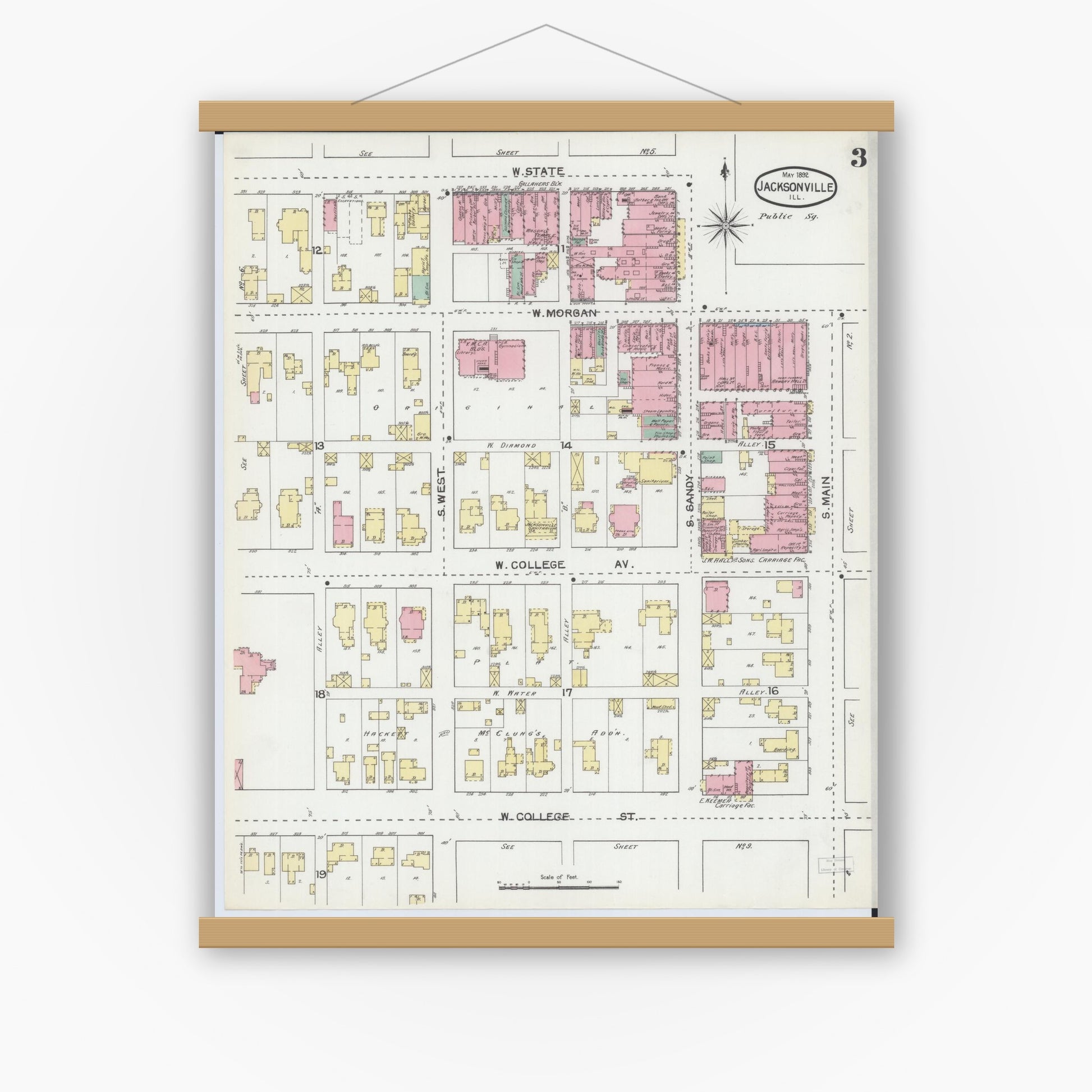 Old map wall art mockup — magnetic wood frame on white wall — Sanborn Fire Insurance Map from Jacksonville, Morgan County, Illinois (1892), Sheet #0003