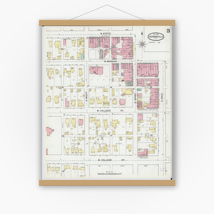 Old map wall art mockup — magnetic wood frame on white wall — Sanborn Fire Insurance Map from Jacksonville, Morgan County, Illinois (1892), Sheet #0003