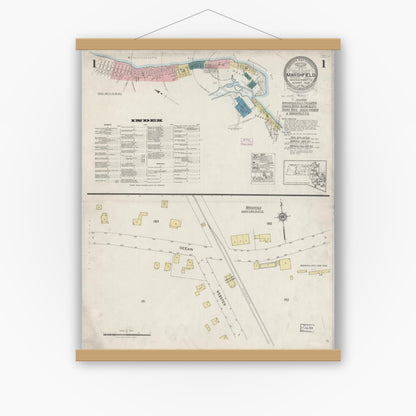 Old map wall art mockup — magnetic wood frame on white wall — Sanborn Fire Insurance Map from Marshfield, Plymouth County, Massachusetts (1925), Sheet #0001