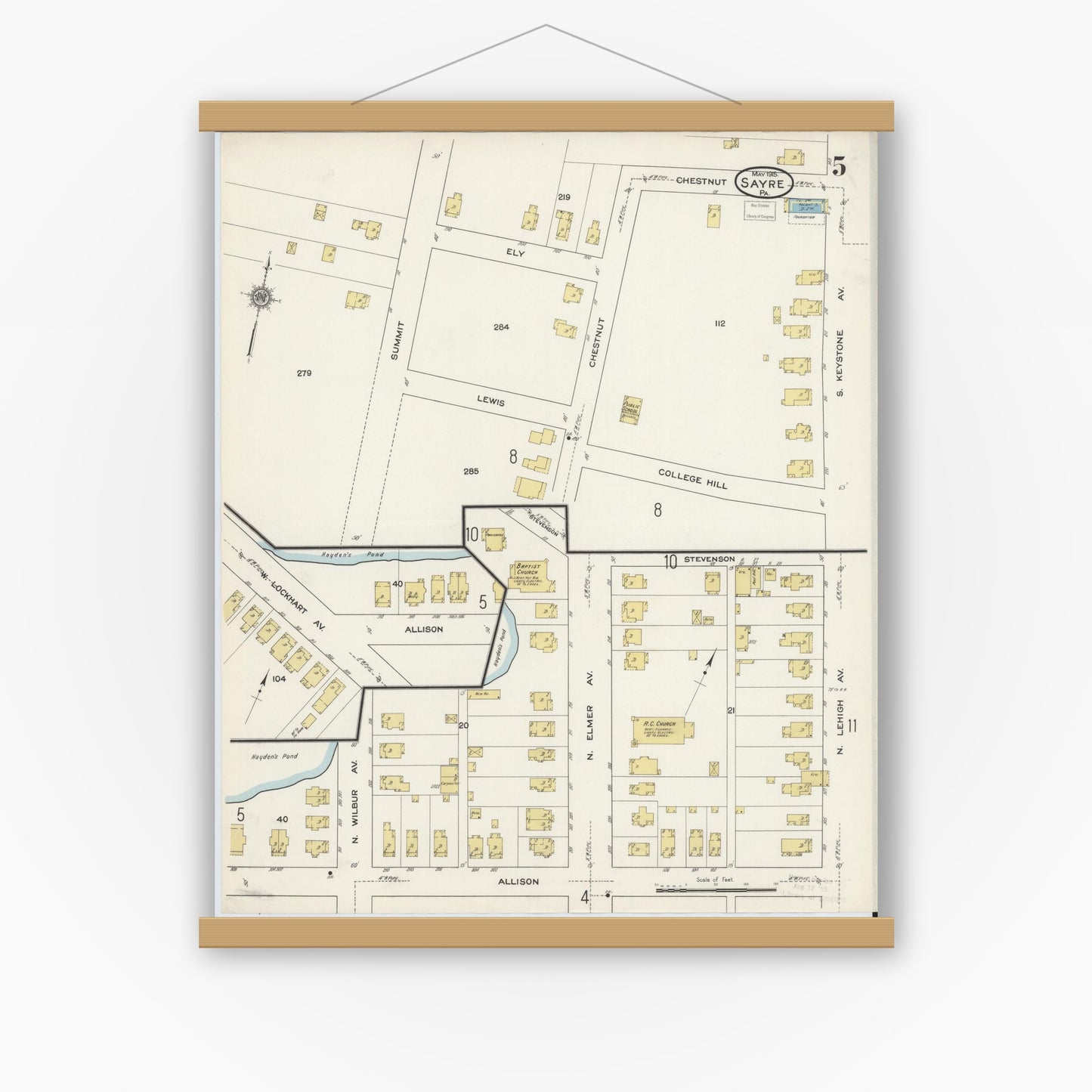 Old map wall art mockup — magnetic wood frame on white wall — Sanborn Fire Insurance Map from Sayre, Bradford County, Pennsylvania (1915), Sheet #0005
