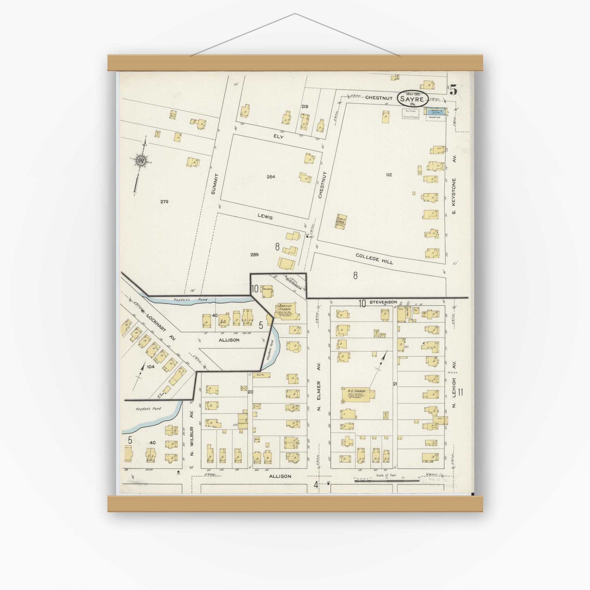 Old map wall art mockup — magnetic wood frame on white wall — Sanborn Fire Insurance Map from Sayre, Bradford County, Pennsylvania (1915), Sheet #0005