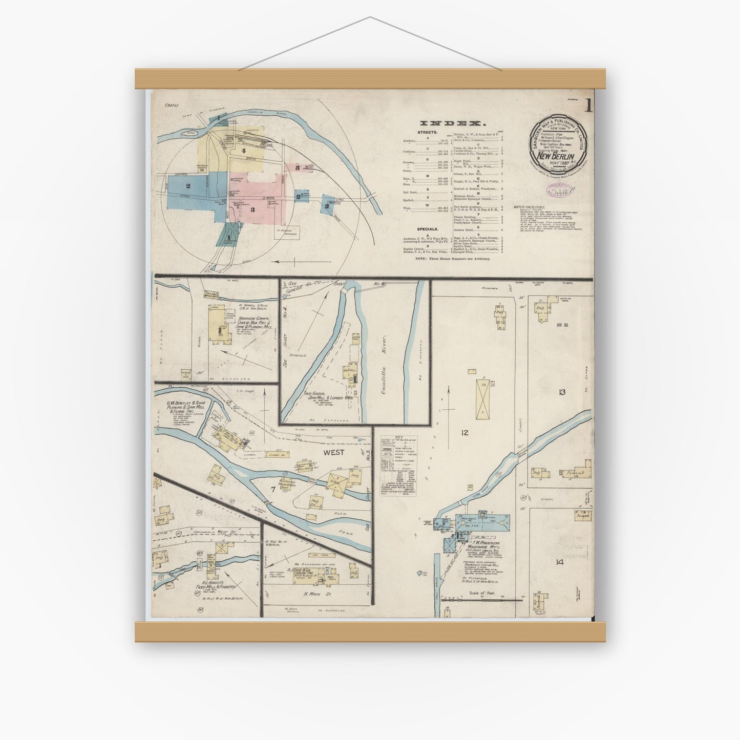 Old map wall art mockup — magnetic wood frame on white wall — Sanborn Fire Insurance Map from New Berlin, Chenango County, New York (1887) - Complete Map Set