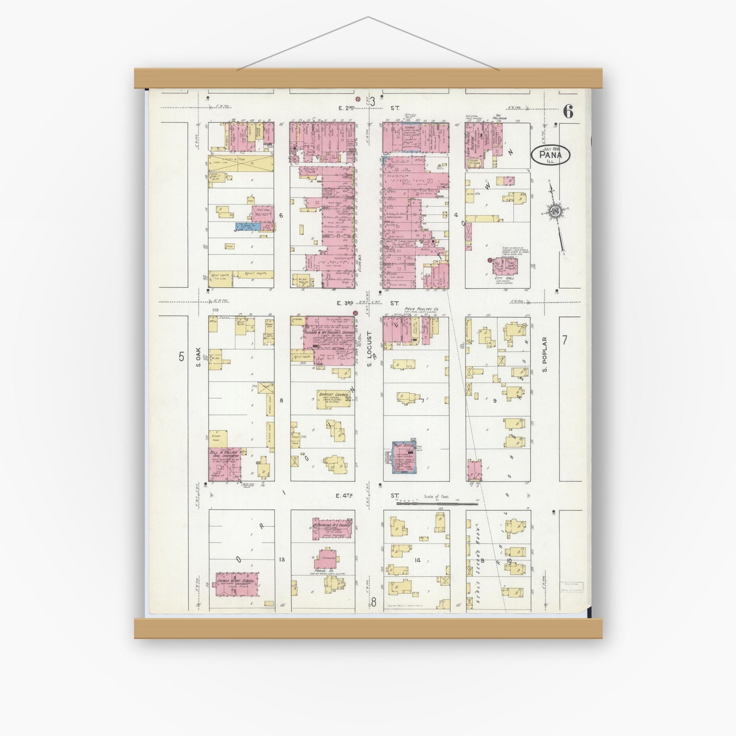 Old map wall art mockup — magnetic wood frame on white wall — Sanborn Fire Insurance Map from Pana, Christian County, Illinois (1916), Sheet #0006