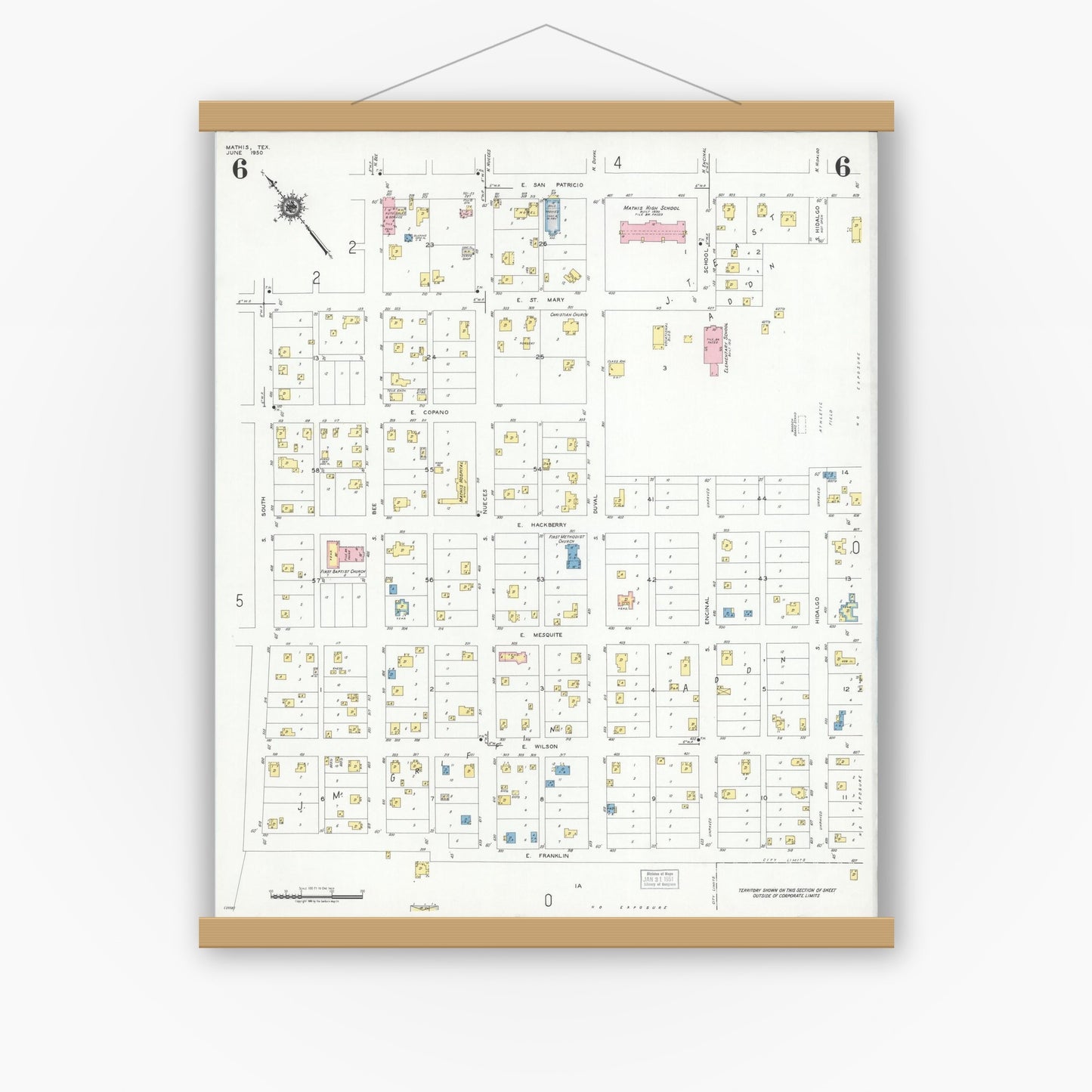 Old map wall art mockup — magnetic wood frame on white wall — Sanborn Fire Insurance Map from Mathis, San Patricio County, Texas (1950), Sheet #0006