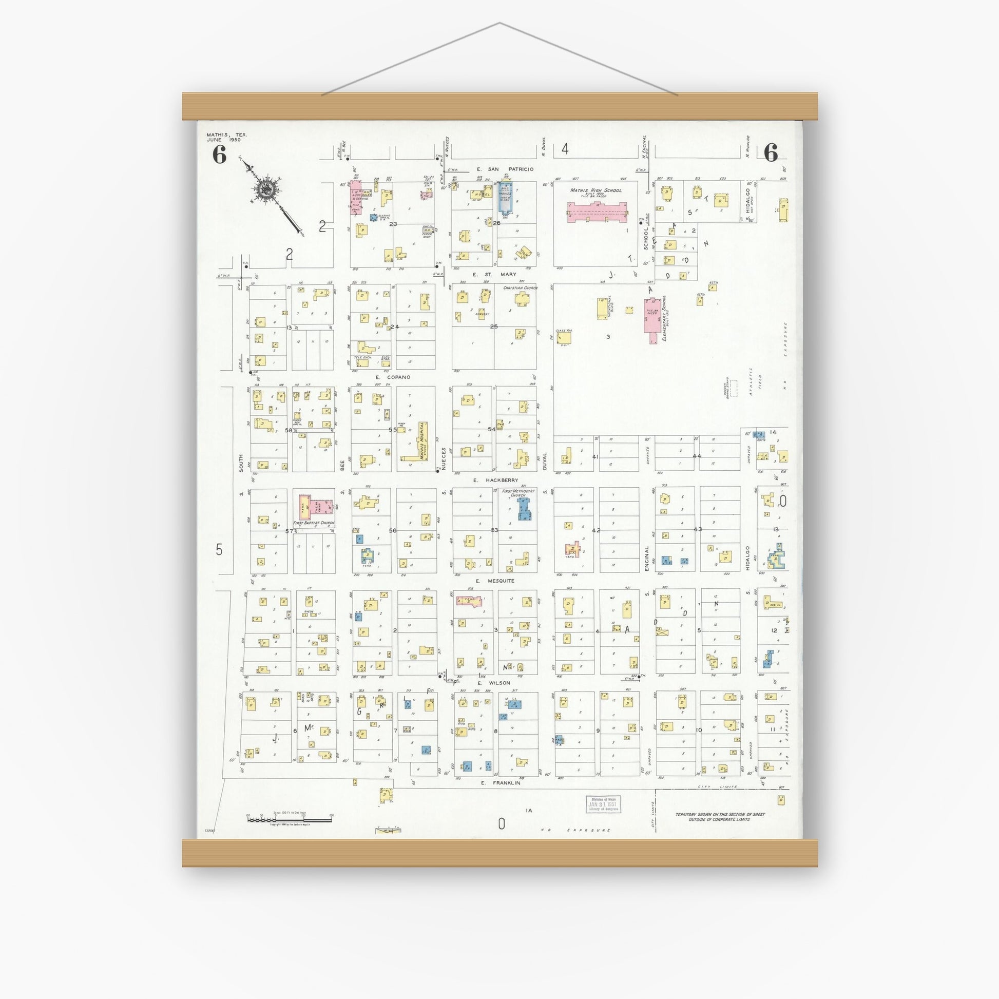 Old map wall art mockup — magnetic wood frame on white wall — Sanborn Fire Insurance Map from Mathis, San Patricio County, Texas (1950), Sheet #0006