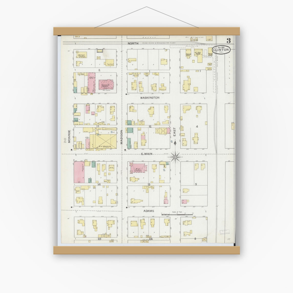 Old map wall art mockup — magnetic wood frame on white wall — Sanborn Fire Insurance Map from Clinton, De Witt County, Illinois (1892), Sheet #0003