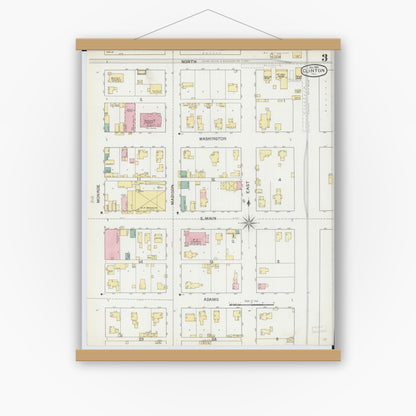 Old map wall art mockup — magnetic wood frame on white wall — Sanborn Fire Insurance Map from Clinton, De Witt County, Illinois (1892), Sheet #0003